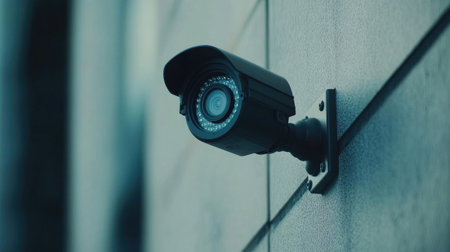 A surveillance camera mounted on a gray wall, capturing the essence of security technology in an urban setting. Ideal for themes of monitoring and protection.の素材