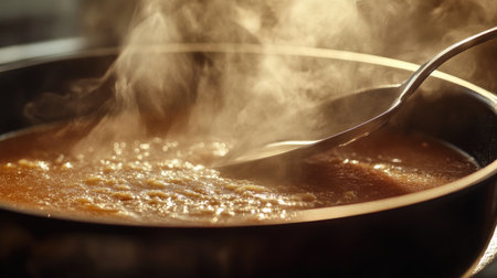 A close-up of a pot simmering with a rich and aromatic soup, as steam rises gracefully. This visual captures the essence of home-cooked comfort and culinary creativity.の素材
