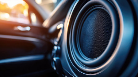 A close-up view of a car audio speaker showcasing modern design and high-quality sound. Perfect for automotive and technology-themed projects.の素材