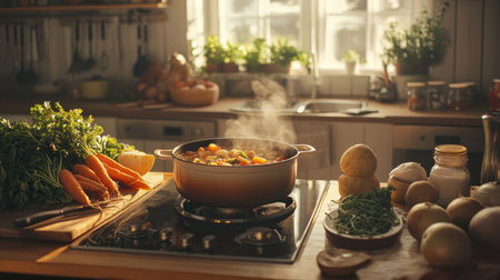 A steaming pot of fresh vegetables simmers on a wooden kitchen counter. Bright sunlight streams through the window, illuminating healthy ingredients for a wholesome meal.の素材