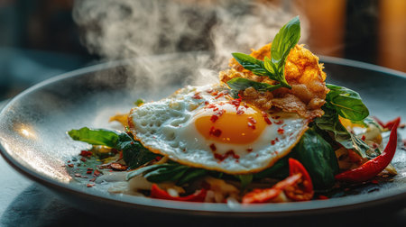 A vibrant dish featuring a perfectly cooked egg on a bed of fresh greens, topped with spices and herbs, capturing the essence of gourmet cooking.の素材