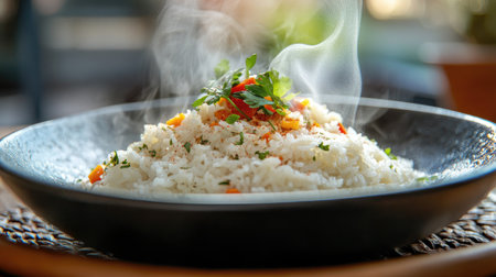 A steaming bowl of fragrant rice garnished with fresh herbs and colorful vegetables, perfect for showcasing delicious home cooking or gourmet meals.の素材