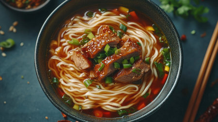 A vibrant bowl of noodles immersed in savory broth, topped with tender meat and fresh greens. Perfect for a comforting and delicious meal.の素材