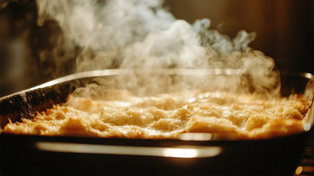 A freshly baked dish with steam gracefully rising, showcasing a golden, bubbling surface. Perfect for conveying warmth and comfort in culinary photography.の素材