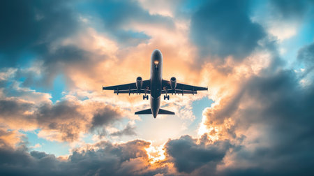 An airplane in flight against a stunning backdrop of colorful clouds during sunset, showcasing the beauty of air travel and nature. Perfect for travel themes.の素材