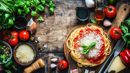 A vibrant scene featuring a plate of fresh pasta garnished with basil, accompanied by cherry tomatoes, garlic, and various herbs on a rustic wooden board.の素材