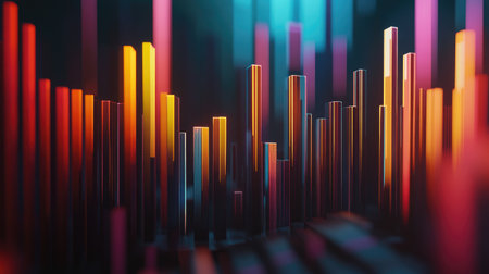 Colorful abstract visualization of sound waves with vibrant colors and sleek vertical lines, creating a dynamic and modern artistic background.の素材