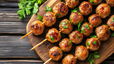 Enjoy this appetizing arrangement of savory meatballs garnished with fresh herbs, perfect for parties, gatherings, or cozy family dinners.の素材