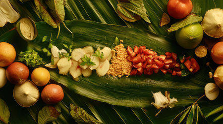 A vibrant arrangement of fresh fruits and vegetables displayed on green leaves, showcasing a colorful and healthy selection for culinary inspiration and creativity.の素材