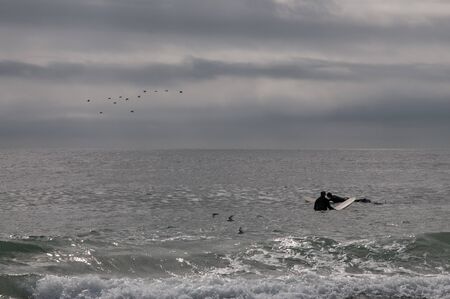 Two surfers wait for a wave while birds fly overheadの写真素材