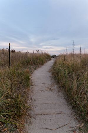 Winding path leading to the beach on the seacoast of New Hampshireの写真素材