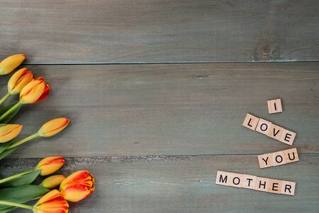 Colorful tulips on weathered green planks. Tile letters with sentiment for Mother's Day.の写真素材