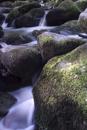Water flowing around rocks in a mountain streamの写真素材