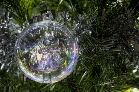 Angle glass Christmas tree bauble hanging from a treeの写真素材