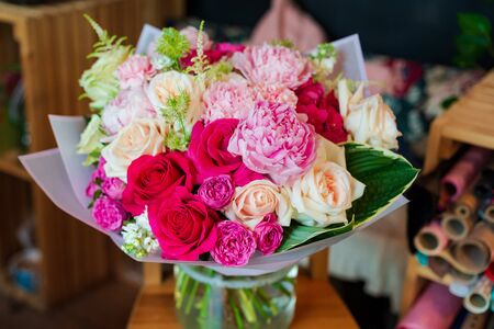 Anonymous flower bouquet of flowers Anacone rose tulip eucalyptus Narcissusの写真素材