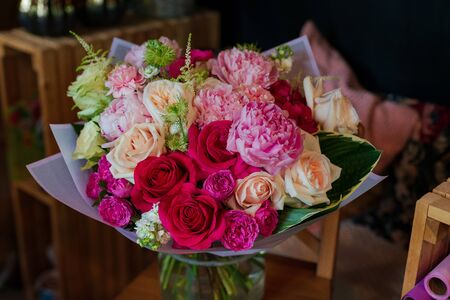 Anonymous flower bouquet of flowers Anacone rose tulip eucalyptus Narcissusの写真素材