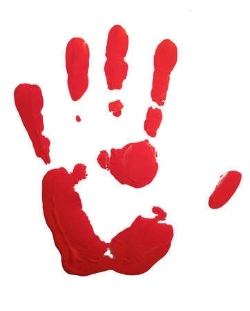 Red hand-print on whiteの写真素材