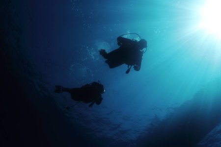 Divers in back-light and sun rays 