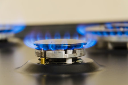 Burning gas burner. Blue fire with a red flame.