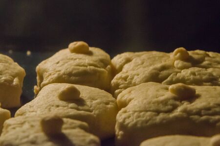 Baking sweet pastry in the oven, photo through the glass.の写真素材