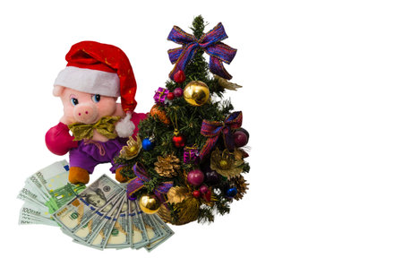 A pig in boxing gloves with money and a Christmas tree.の写真素材