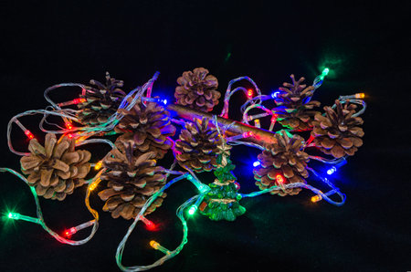 Christmas tree garland, pine cone, Christmas tree, butterfly, candle on a black background.