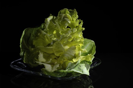 A small bouquet of decorative cabbage in a plate on a black background.の写真素材