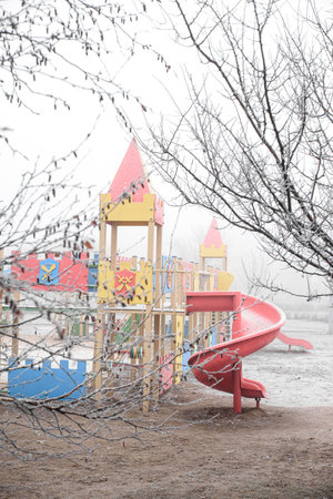 The soft fog and muted winter light create a serene and magical atmosphere.の写真素材