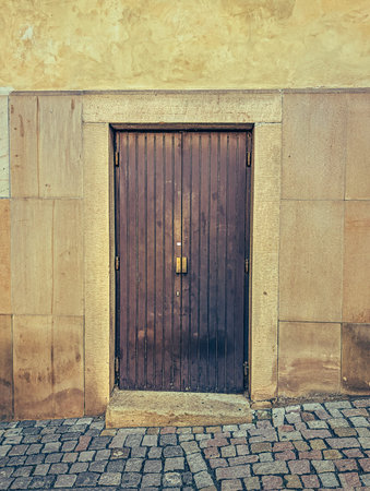 Close-up of a beautifully carved antique wooden door set in a stone portal with classical...