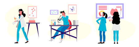 Set of scientists working with microscope in laboratory and looking on banner with test results. Vector illustration designのイラスト素材