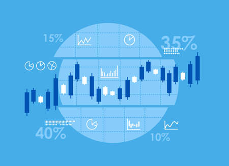 Candlestick stock exchange and finance charts. Financial data and statistic concept. Cartoon character flat vector illustration.のイラスト素材