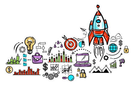 Business and new business concept. Rocket, diagram, charts, marketing infographic and business icons. Vector illustration in flat style.のイラスト素材