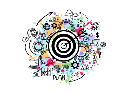 Success and start up concept. Business target with diagram, charts and marketing infographic....