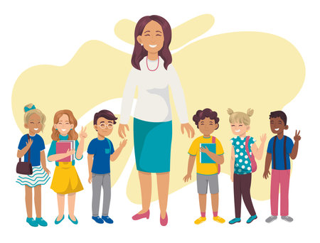 Teacher and multicultural school children group.のイラスト素材