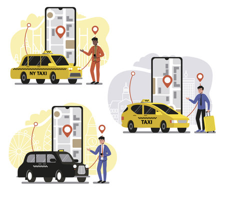 Set of online taxi ordering service on smartphone screen.のイラスト素材