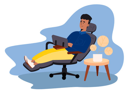 Creative man freelancer sitting on cozy armchair and working on laptop. Concept of remote work from home. Flat design. Vector illustrationのイラスト素材