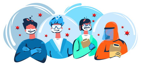 Group of doctors struggling with coronavirus to protect society from new dangerous virus which is spread over the world. Thank you concept. stay home. Flat design Illustration. Vectorのイラスト素材