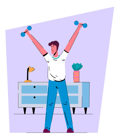 Morning activity for healthy lifestyle. Home training exercises with dumbbell. Happy man. Flat design Illustration. Vectorのイラスト素材