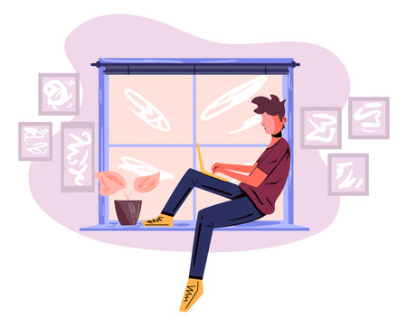 A man freelancer sitting on the windowsill and working using laptop. Concept of remote work from home. Flat design Illustration. Vectorのイラスト素材