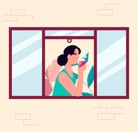 Young thoughtful woman drinking tea or coffee at home. Thinking, meditating concept. Plants on background. Bricks wall on foreground. Flat design Illustration. Vectorのイラスト素材