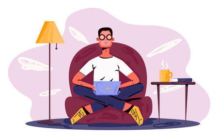 Creative man freelancer sitting on cozy armchair and working on laptop. Concept of remote work from home. Flat design. Vector illustrationのイラスト素材