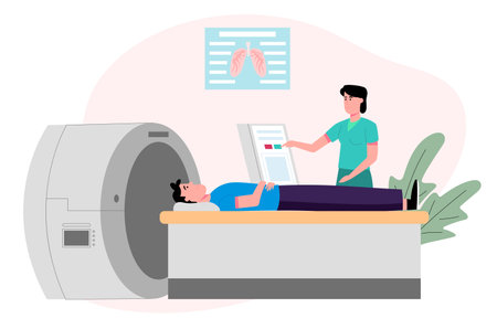 Female doctor with patient on a bed, making magnetic resonance imaging, analysis. Concept of medical treatment. Flat design illustration. Vectorのイラスト素材