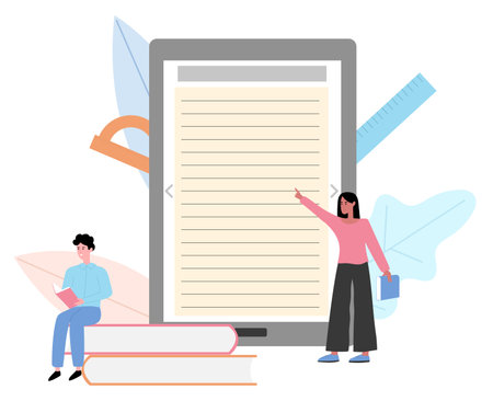 School distance learning, device screen and books. Female and male students with books reading, concept of online homework. Flat design illustration. Vector.のイラスト素材