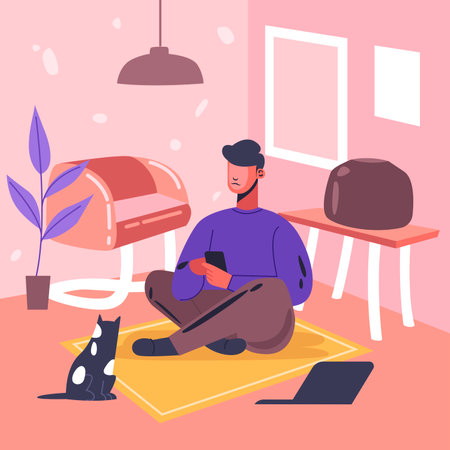 Young man using phone, sitting on carpet at home interior with cat. Concept of staying home, freelance online work. Flat design illustration. Vectorのイラスト素材