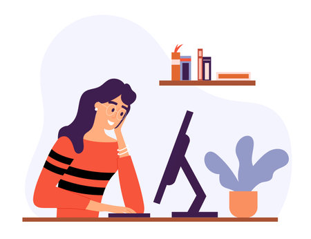 Female in eyeglasses with laptop sitting to table at home interior, isolated freelancer. Concept of working at home. Flat design illustration. Vectorのイラスト素材