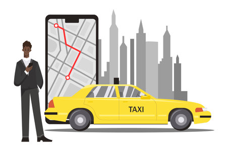 Calling for taxi in phone app, car and device screen with map of city, black boy with phone. Concept of taxi in city. Flat design illustration. Vectorのイラスト素材