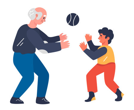 Grandson and senior man doing sports together, playing with ball. Concept of sports with family relatives. Flat design illustration. Vector.のイラスト素材