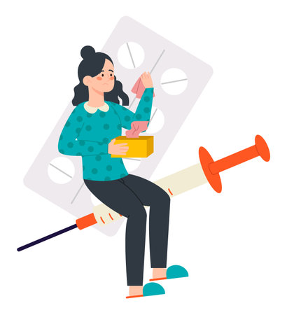 Sick female having a runny nose with icons of pills and injection, holding paper handkerchiefs. Concept of illness and treatment. Flat design illustration. Vectorのイラスト素材