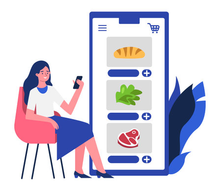 Woman in chair ordering food in online shop. Online delivery service of food, ordering products in mobile app. Flat design illustration. Vector. Vector illustrationのイラスト素材