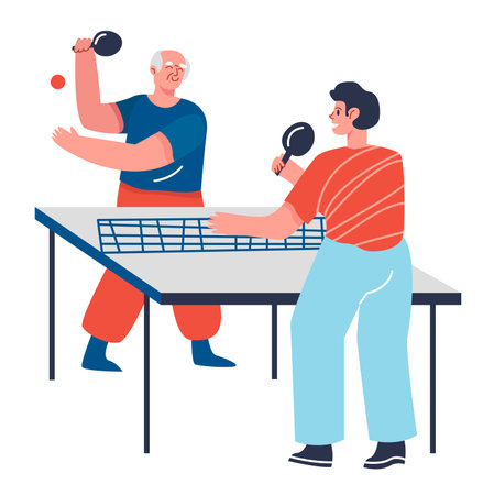 Young man and senior man doing sports together, playing table tennis. Concept of sports with family relatives. Flat design illustration. Vector.のイラスト素材